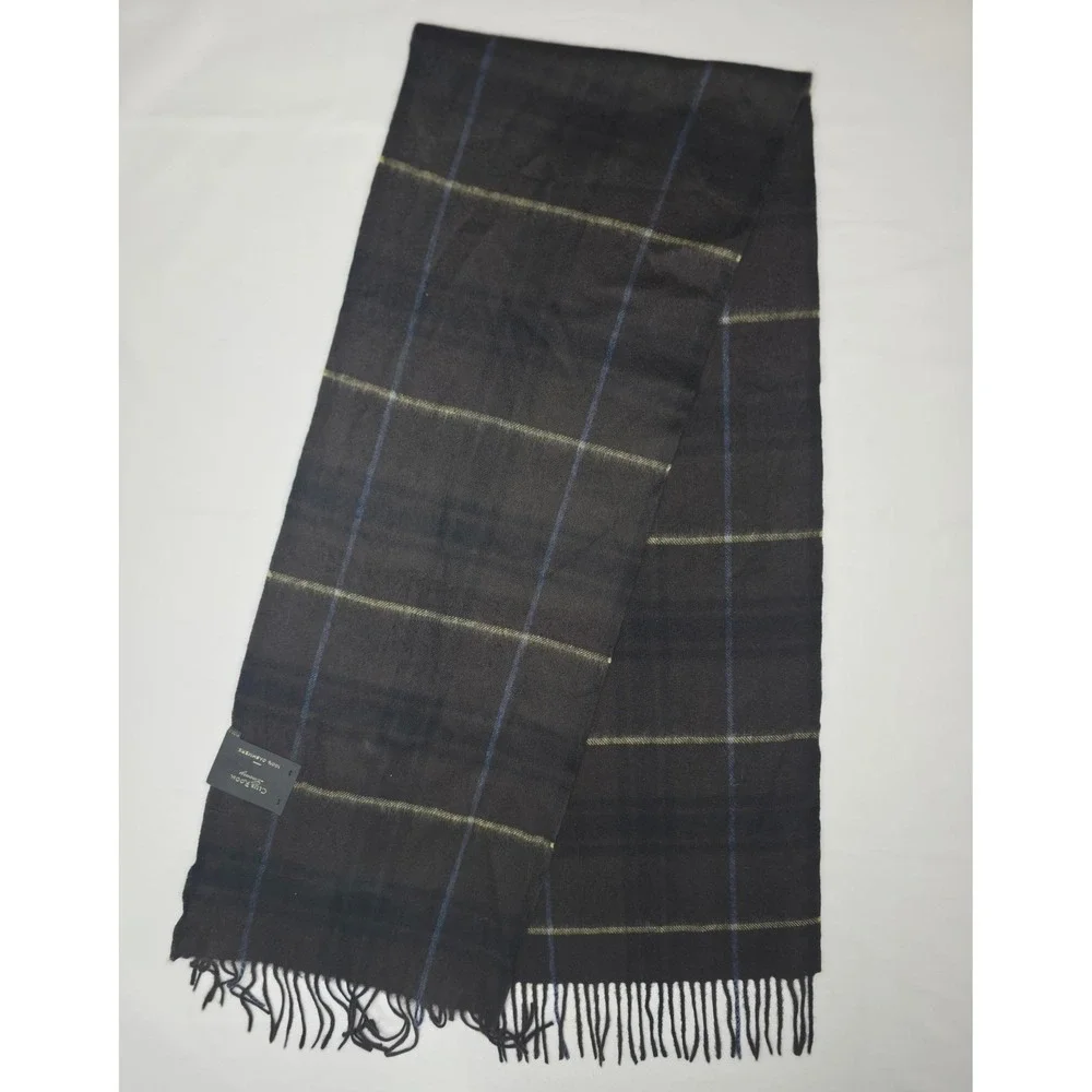 Club‎ Room Scarf Mens One Size Brown/Yellow Plaid 100% Cashmere Fringe NWT